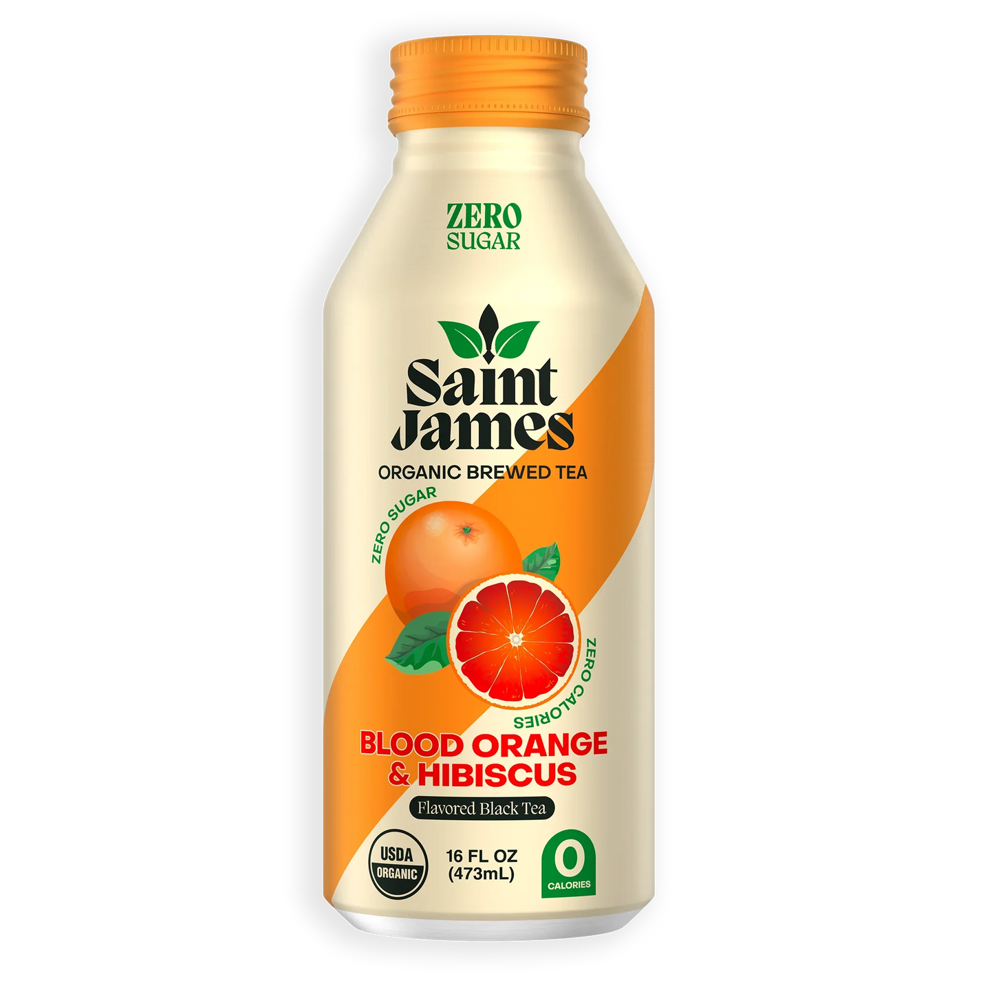 Saint James Blood Orange & Hibiscus tea bottle on a white background