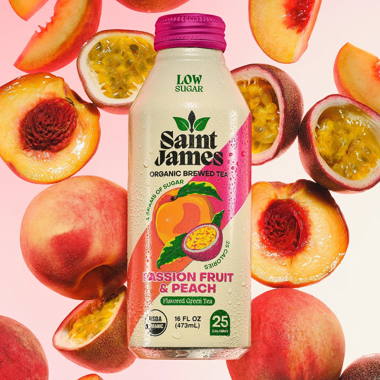 Saint James Passion Fruit & Peach Iced Tea Bottle and Fruit Image