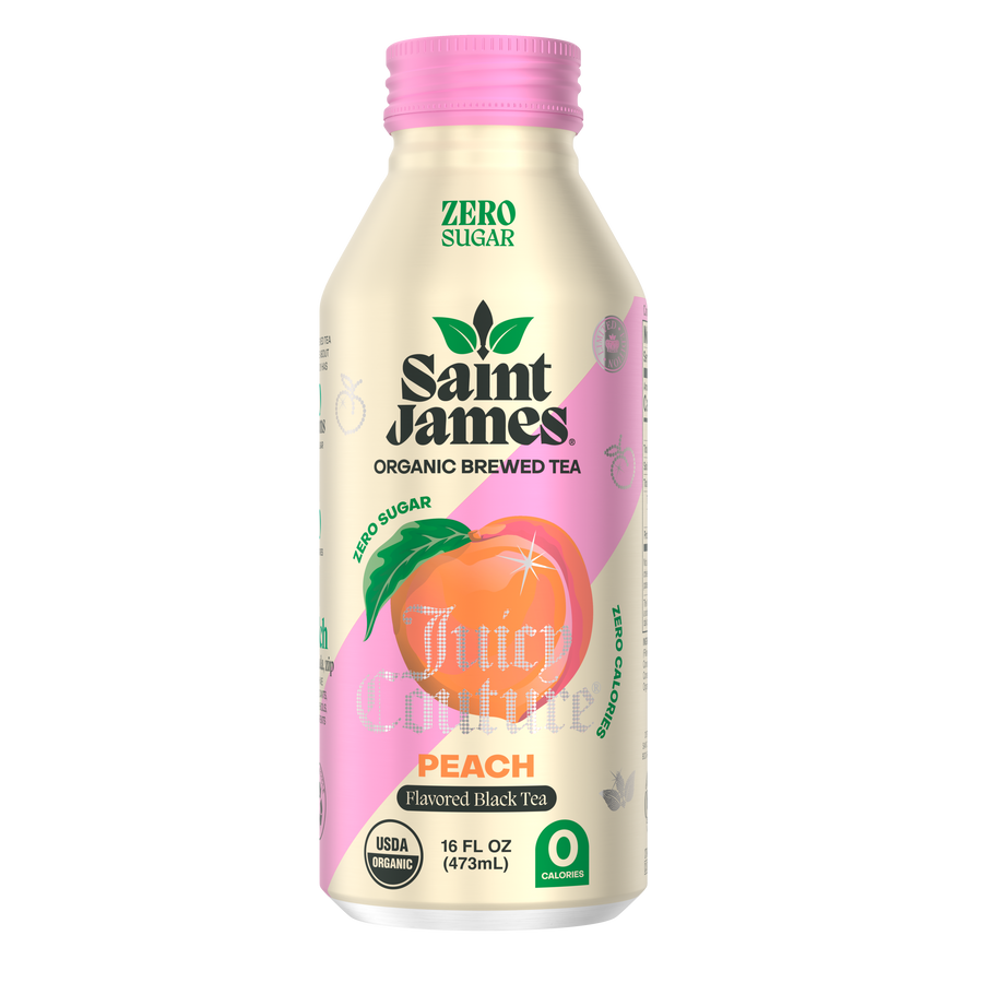 Saint James Juicy Peach low sugar iced tea bottle (best low sugar iced tea option)