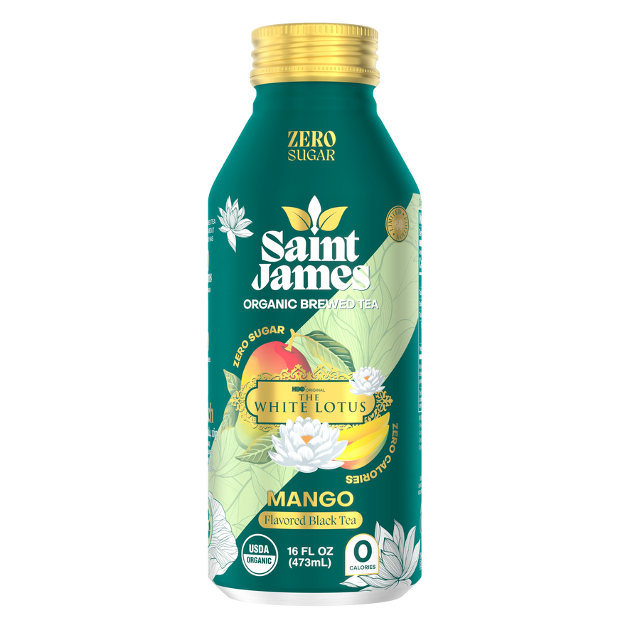 Saint James Mango The White Lotus low sugar iced tea bottle (best low sugar iced tea for tropical flavor)