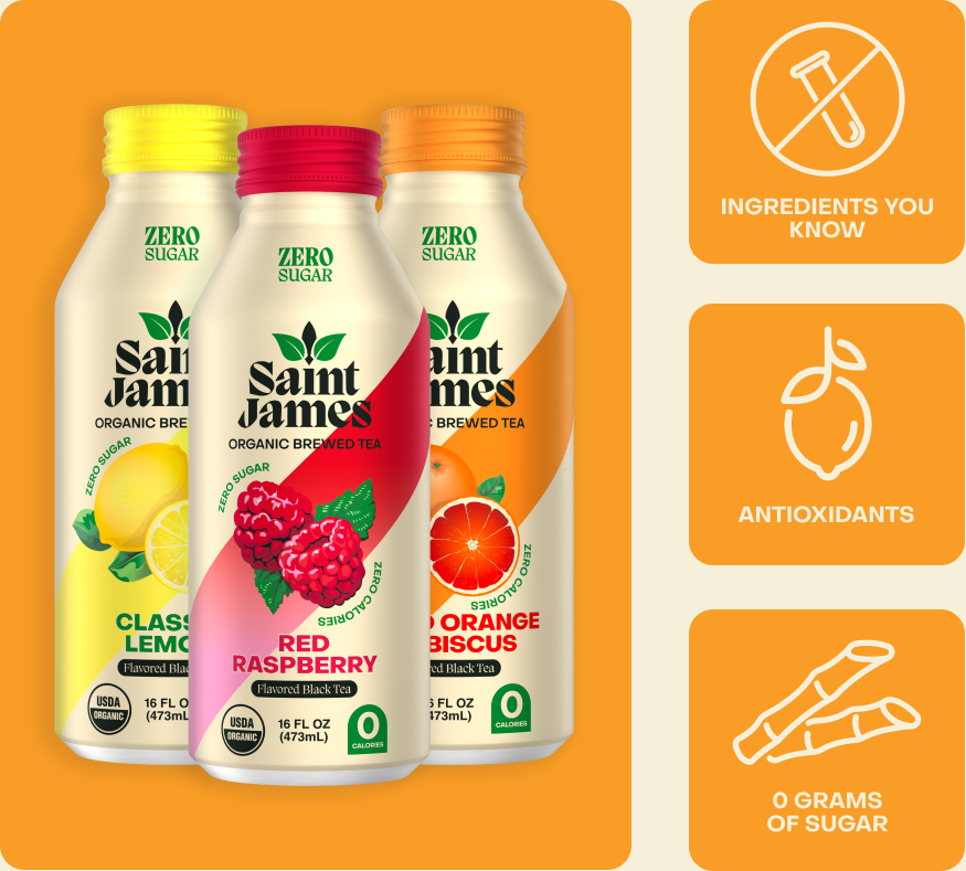 Saint James iced tea bottles on an orange background with ingredient call outs