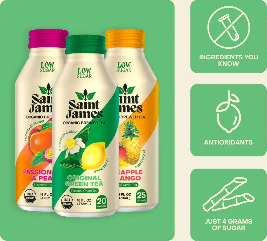 Three bottles of Saint James tea with colorful lids on a green background, featuring icons and text about tea ingredients and health benefits.