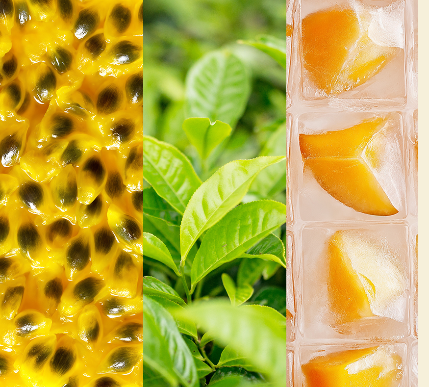 Passion fruit seeds, tea leaves, and pineapples in ice horizontally