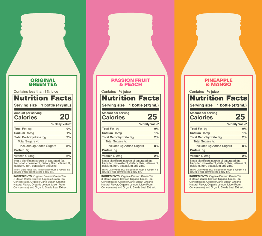 Nutrition facts for original green tea, passion fruit and peach, and pineapple mango Saint James