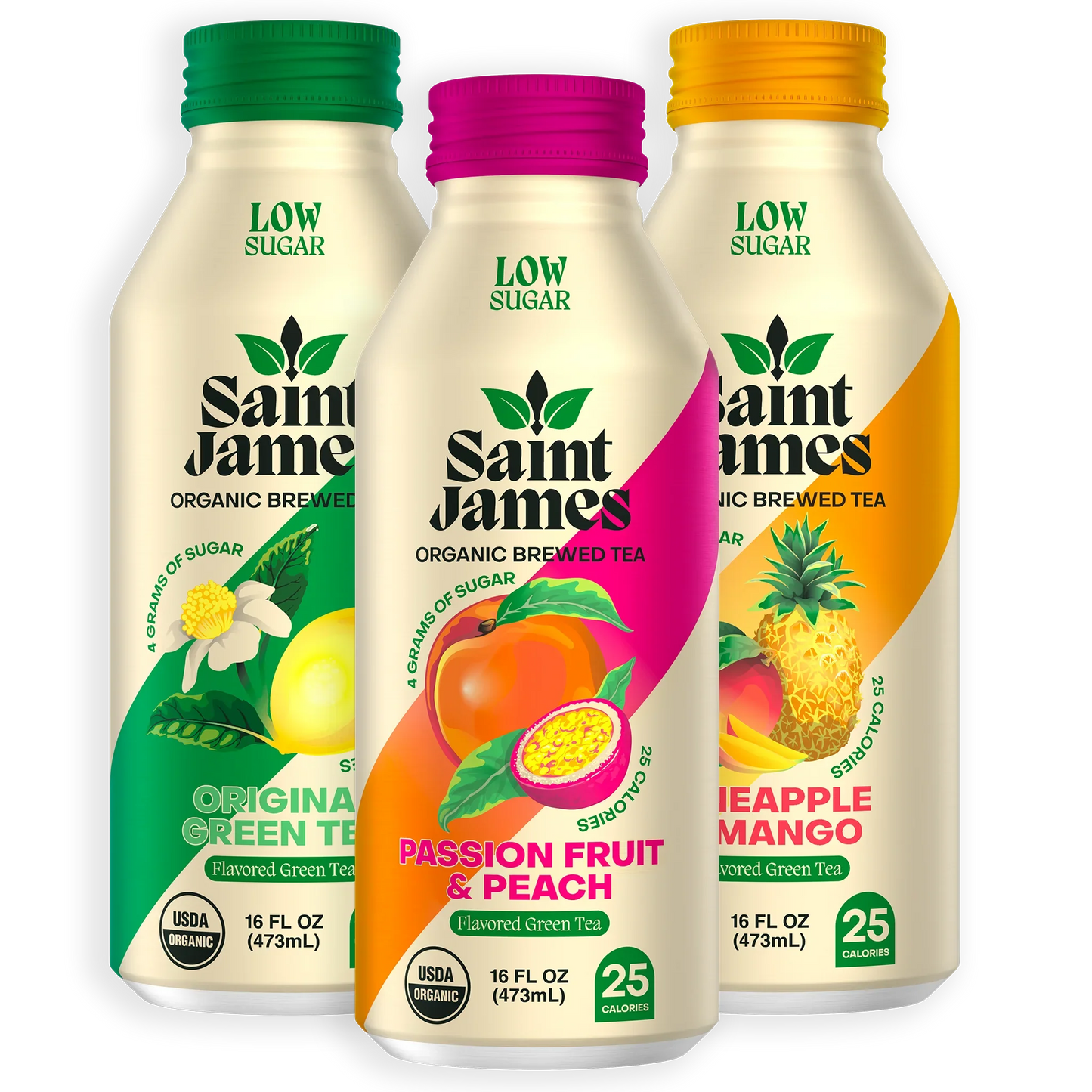Saint James Organic Brewed Tea bottle with green tea variety flavors on a white background