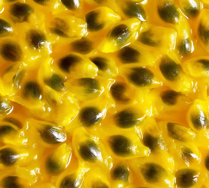 Close-up of passion fruit flesh with seeds