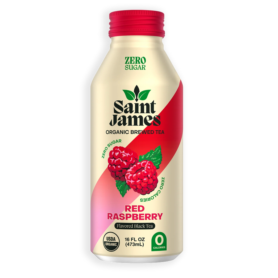 Saint James Red Raspberry low sugar iced tea bottle (organic low sugar iced tea)
